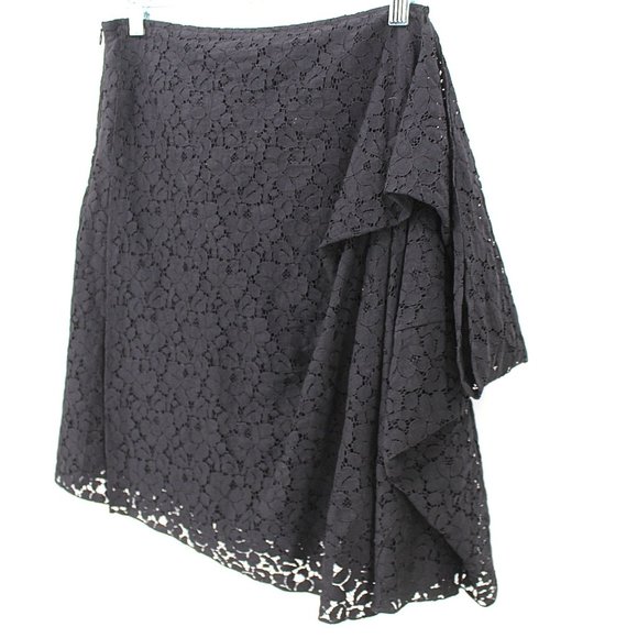 MORGANE LE FAY Black Cotton Lace Skirt Reversible Silk Lined Asymmetrical SZ M - Picture 5 of 12